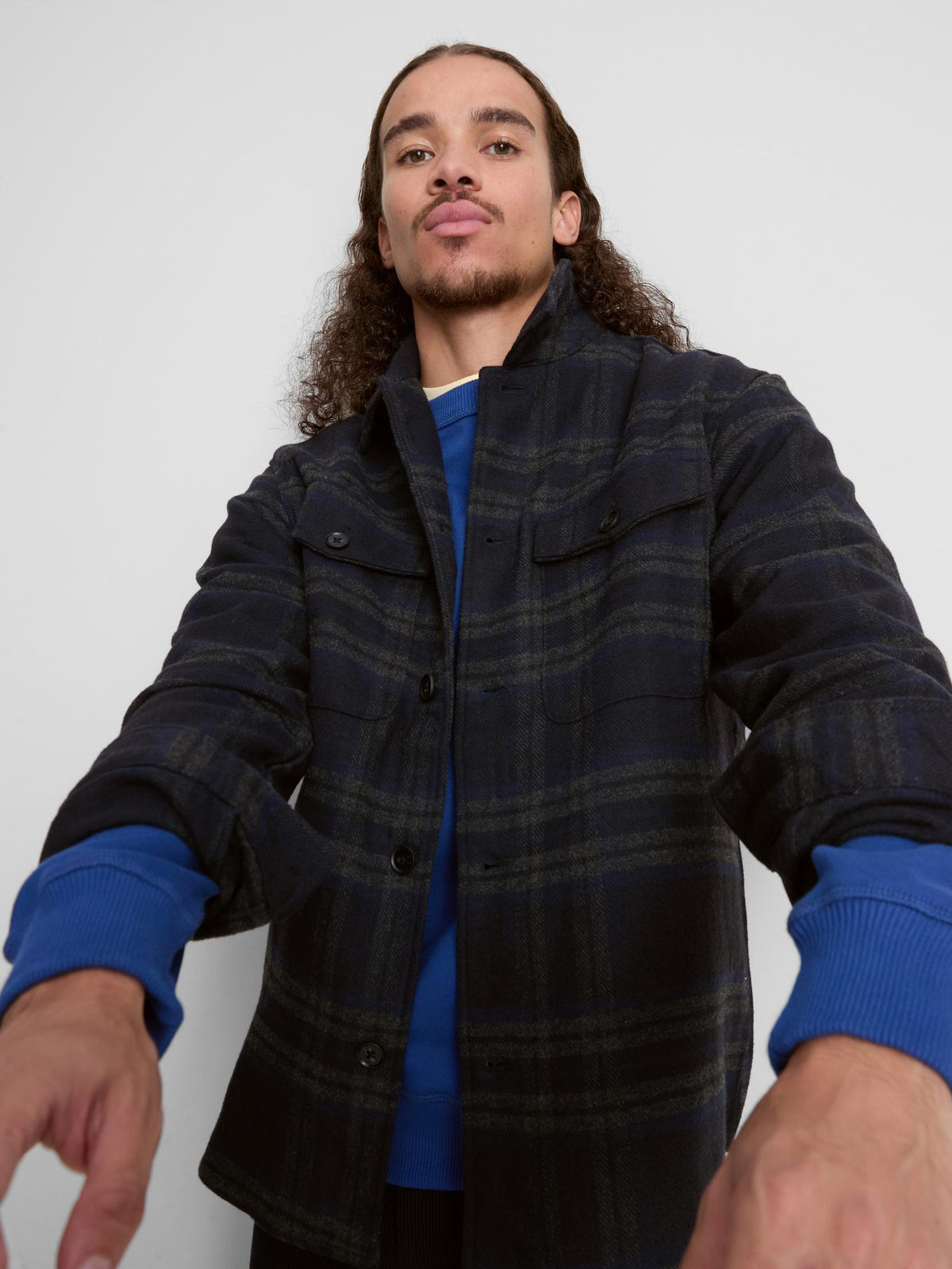 Button-Up Check Overshirt - Navy