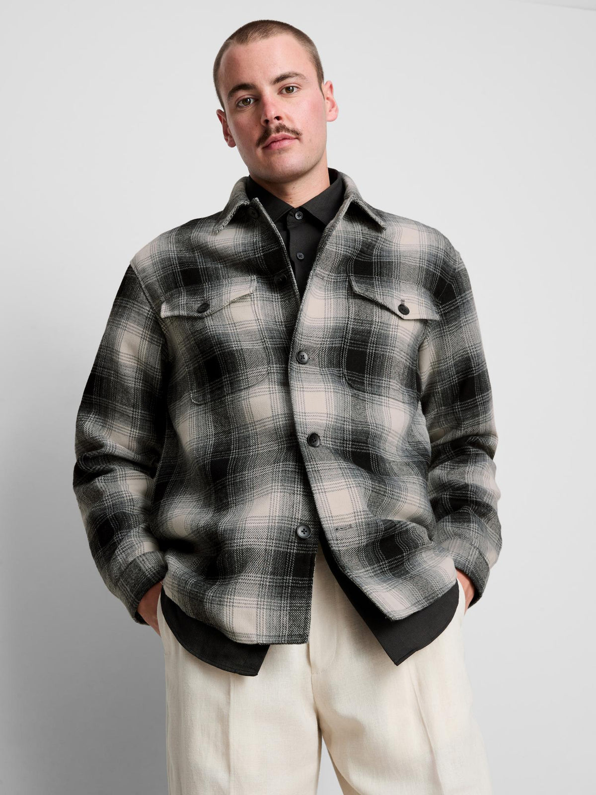 Button-Up Check Overshirt - Grey