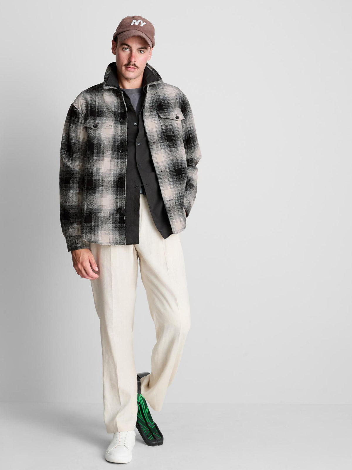 Button-Up Check Overshirt - Grey