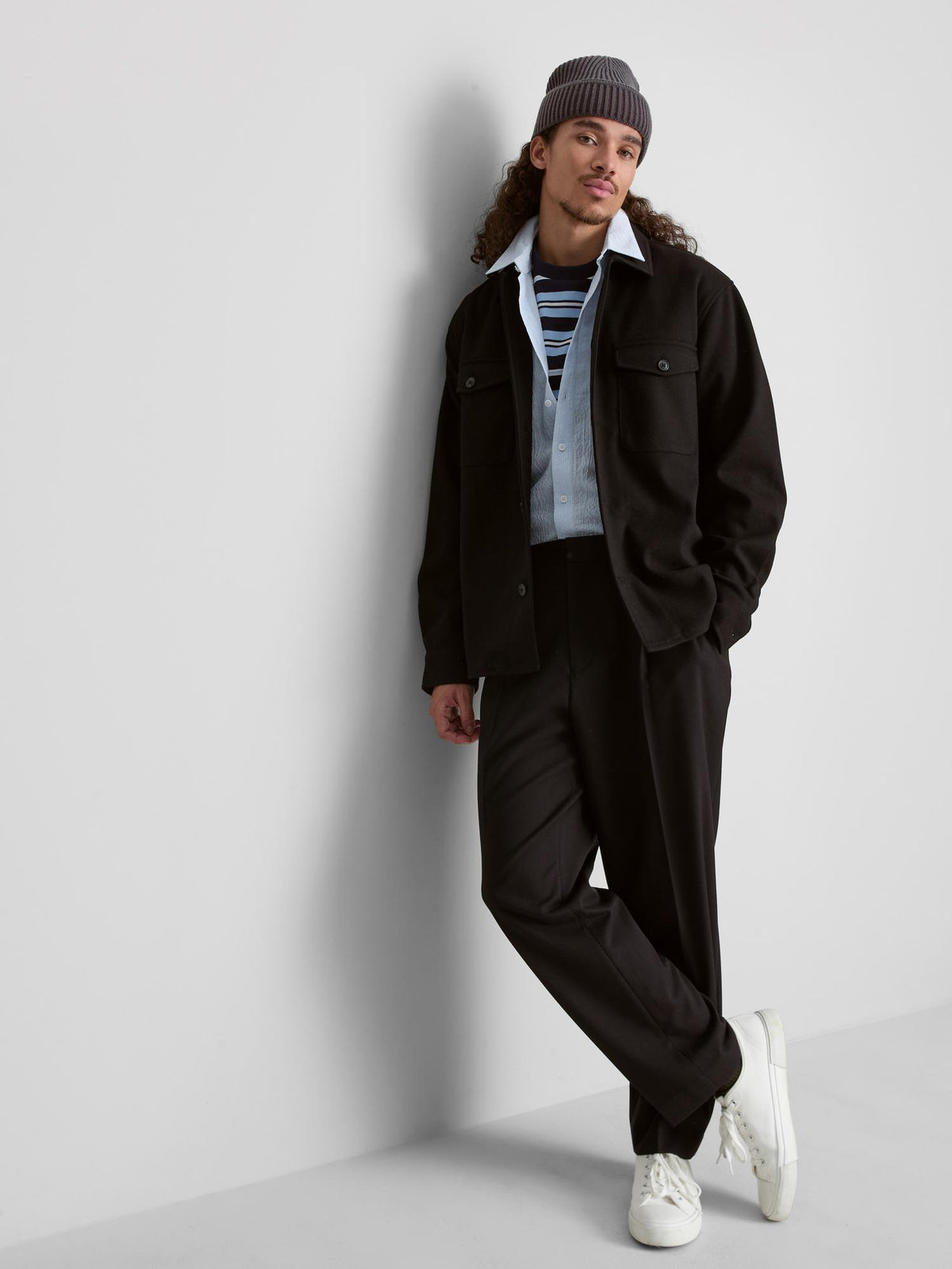 Button-Down Twill Overshirt With Chest Pockets - Black