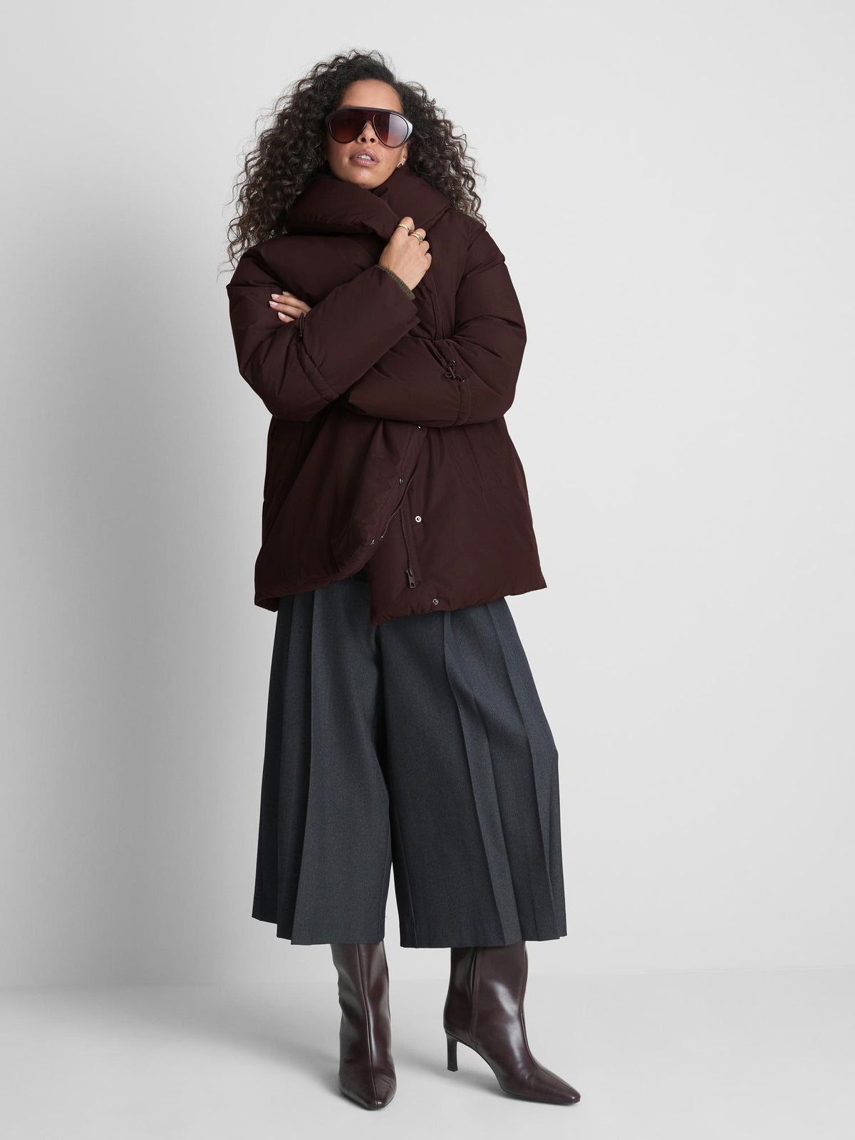 Quilted Mid Shawl Coat - Burgundy