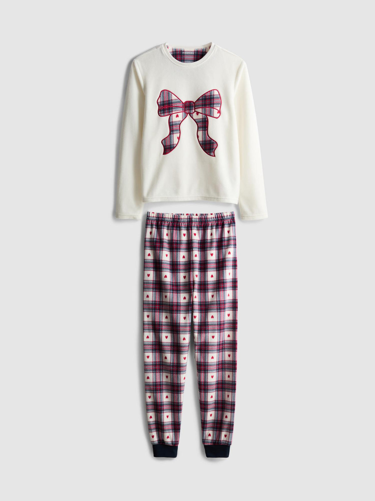 7-15yrs | Check Bow Fleece Pyjamas - Ivory