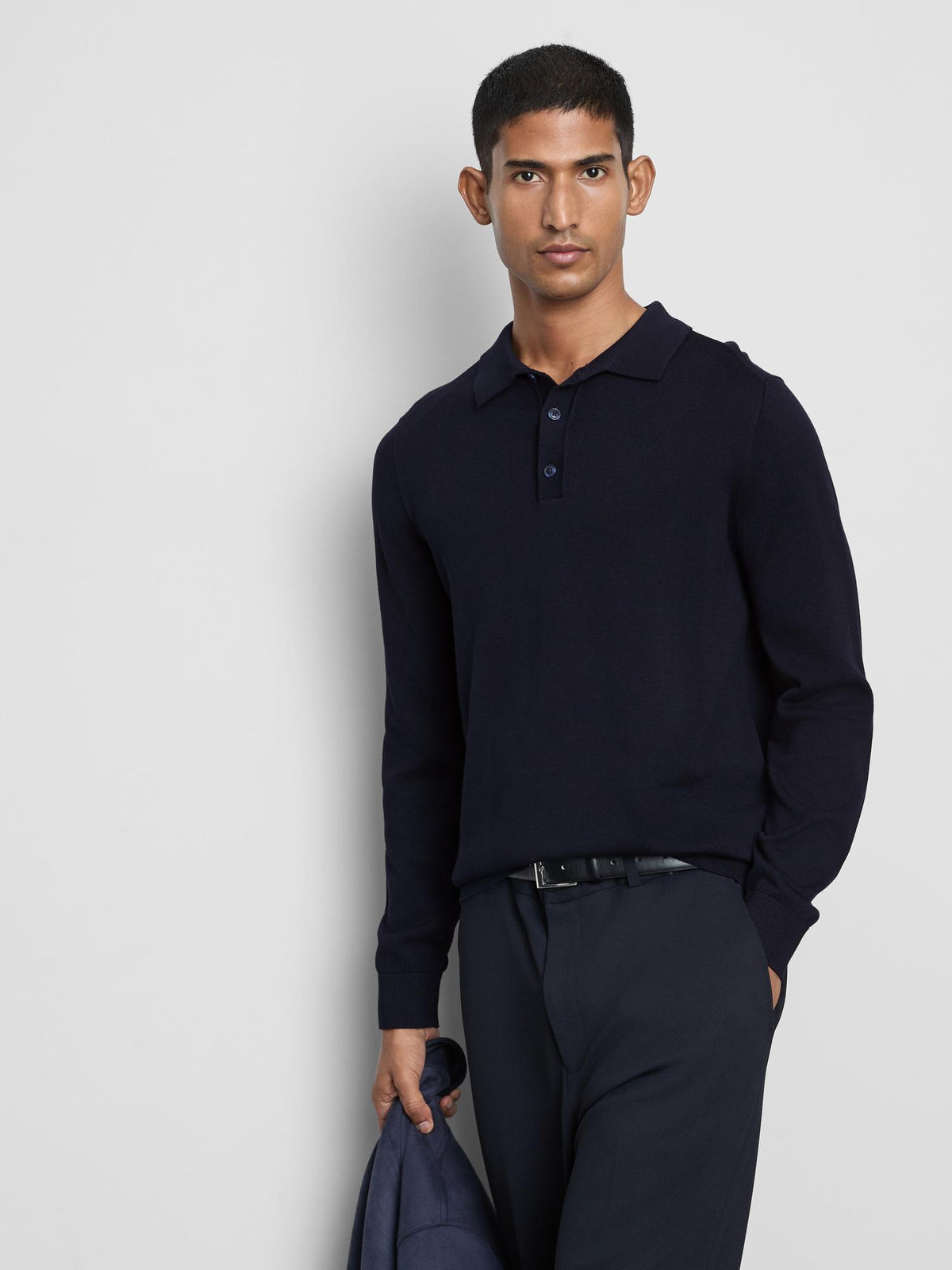 Fine Knit Long Sleeve Polo Shirt - Navy