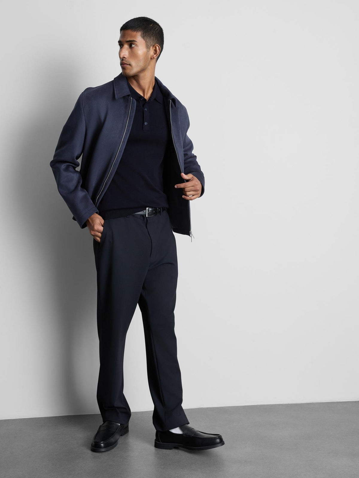 Fine Knit Long Sleeve Polo Shirt - Navy