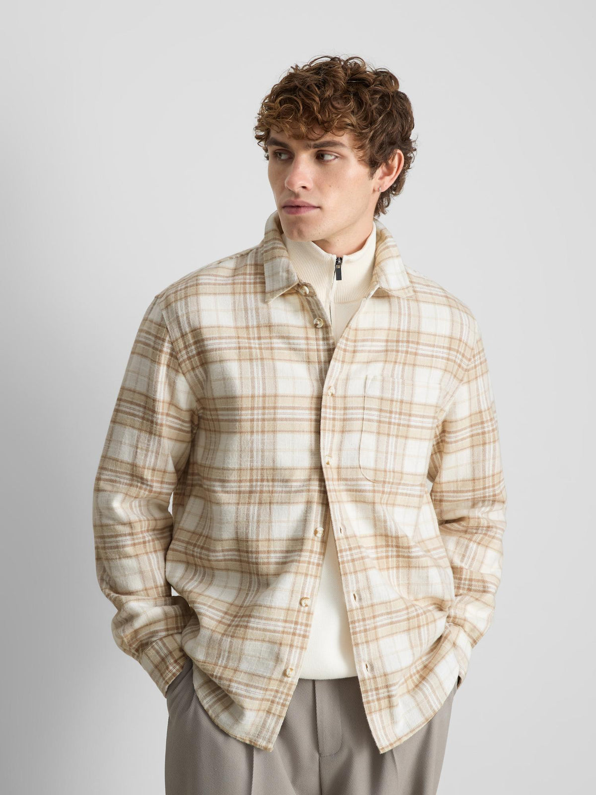 Pure Cotton Long Sleeve Checked Shirt - Ecru