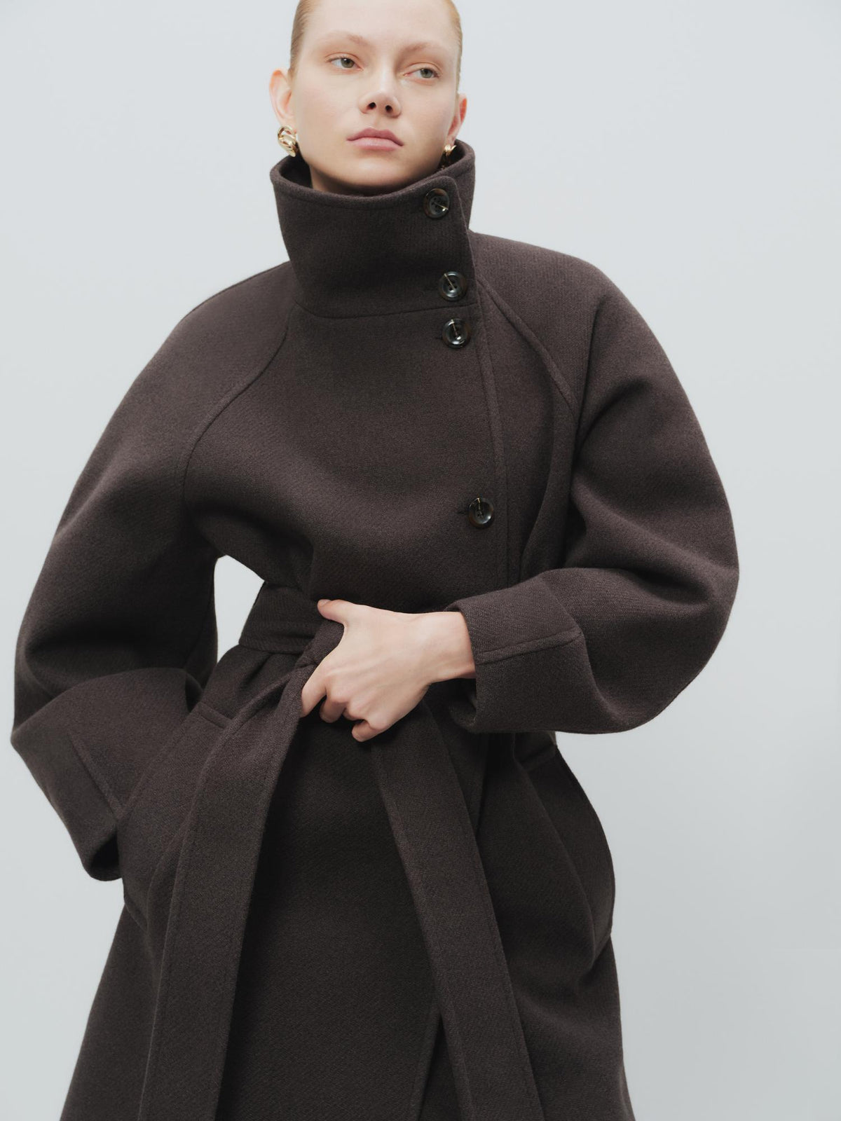 The Edit Funnel Collar Longline Coat - Brown