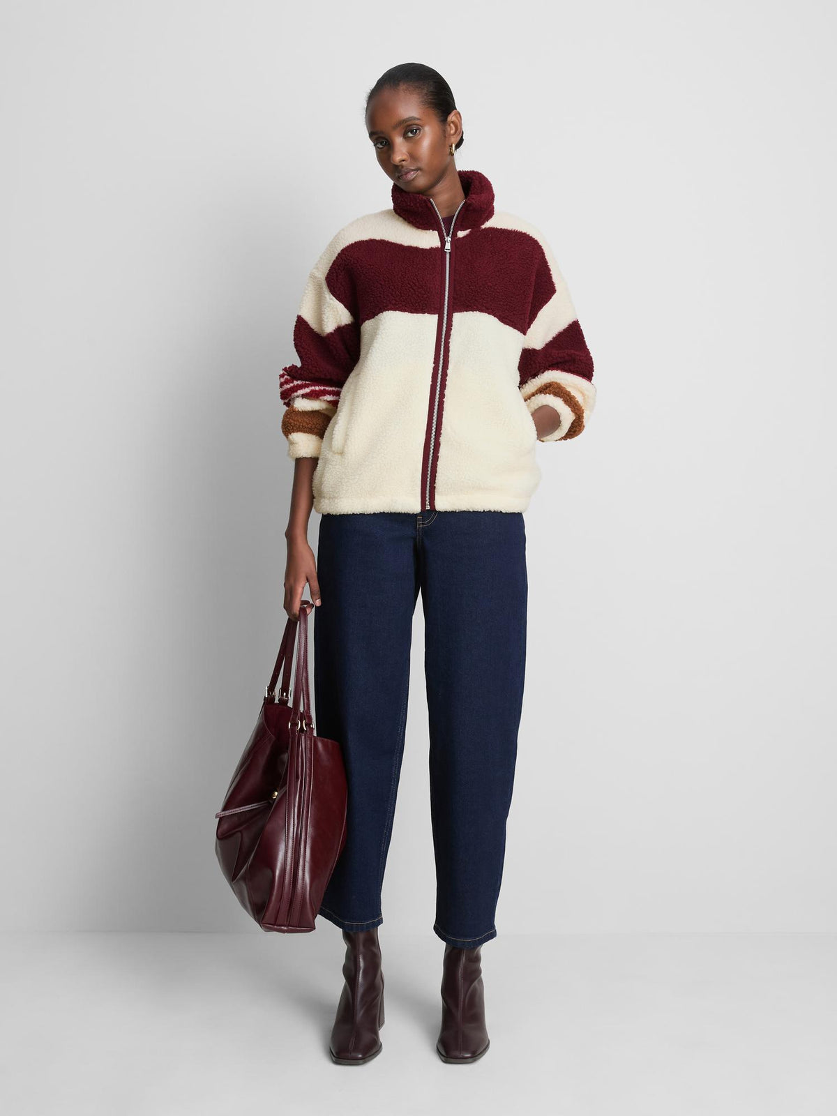 Striped High Neck Borg Fleece - Burgundy