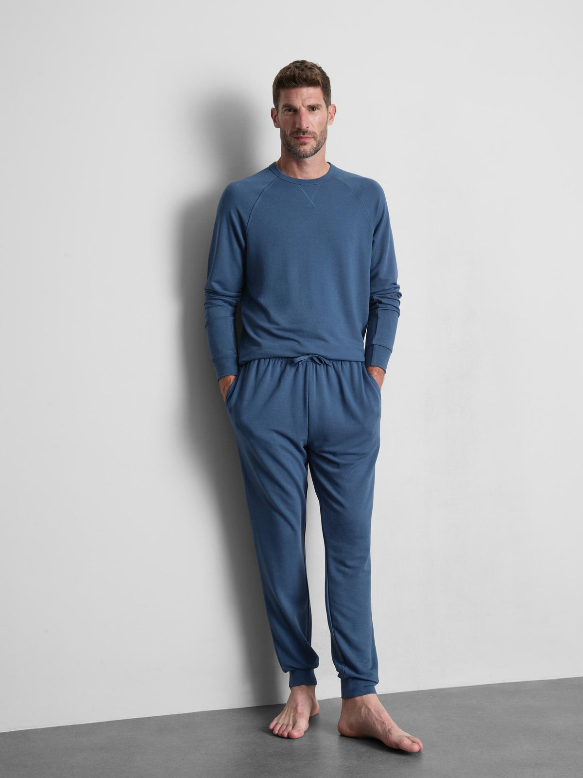 Plain Crew Neck Long  Pyjamas - Blue