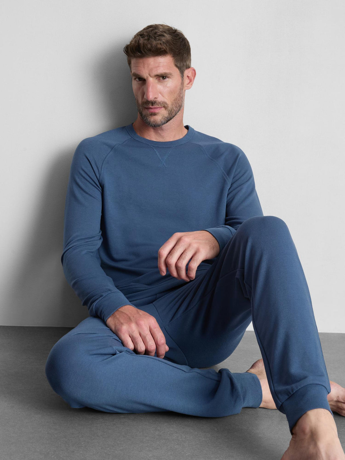 Plain Crew Neck Long  Pyjamas - Blue