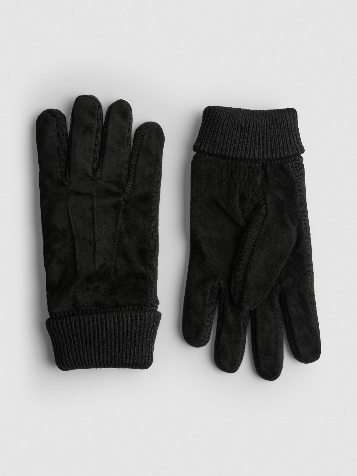 Faux Suede Ribbed Cuff Gloves - Black