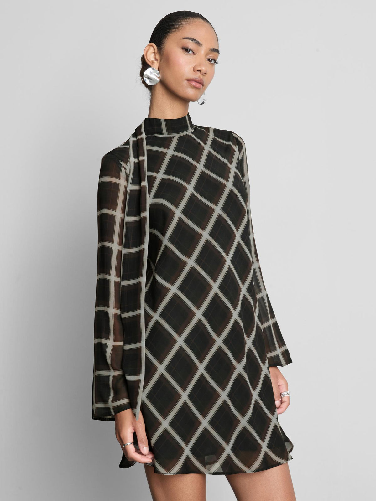Scarf Detail Check Chiffon Mini Dress - Dark Green