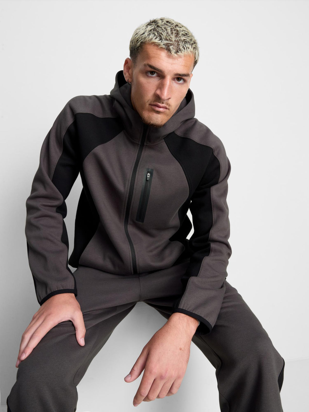 Colour Block Zip Hoodie - Charcoal