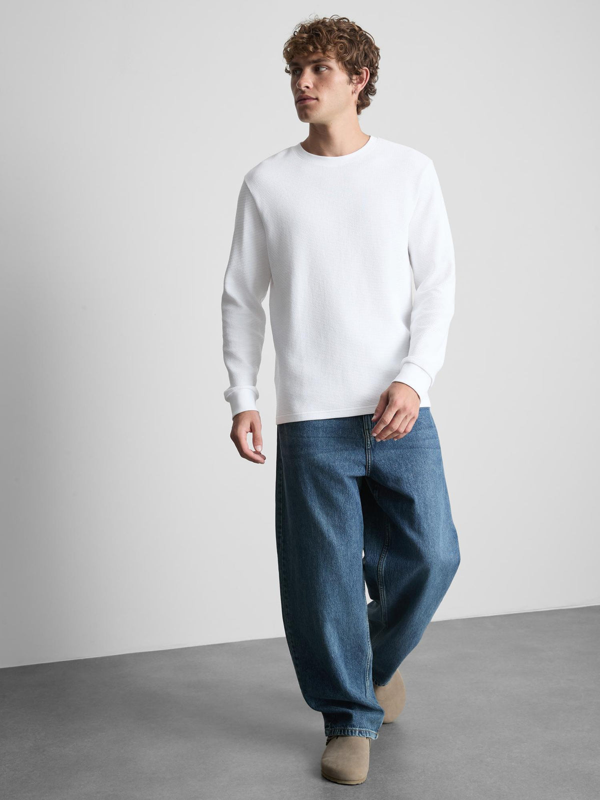 Pure Cotton Waffle Long Sleeve T-Shirt - White