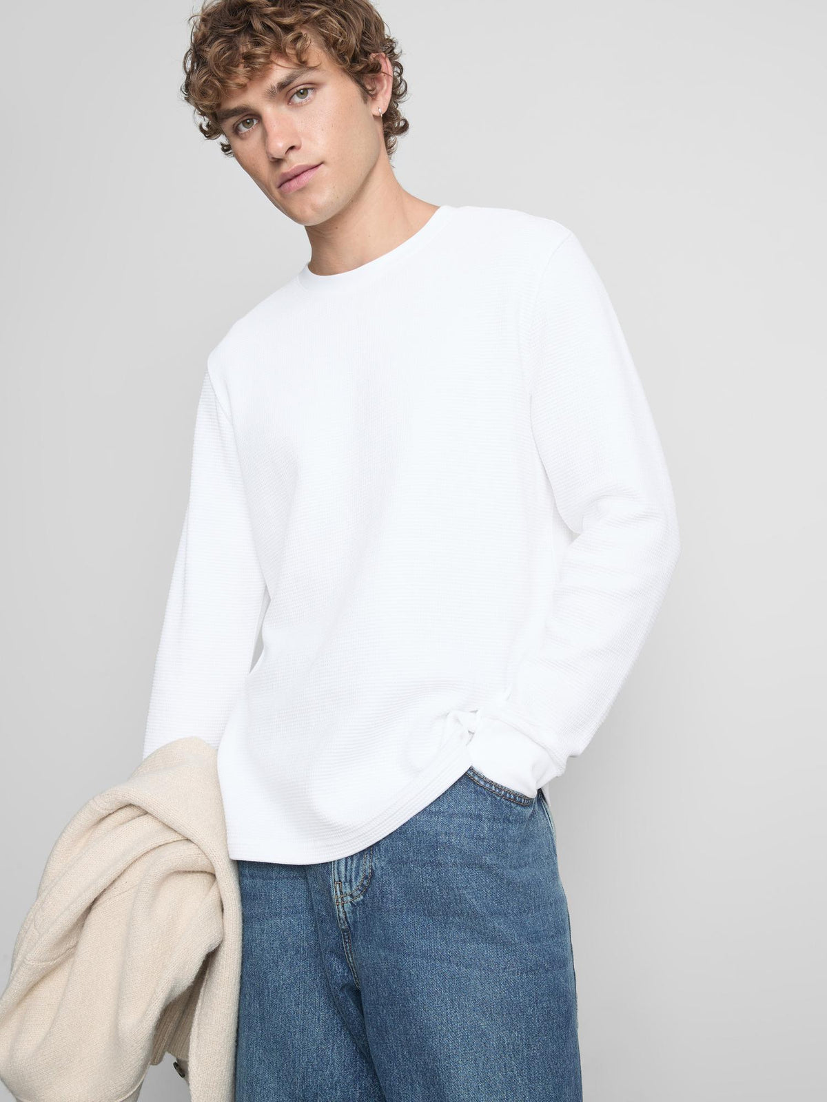 Pure Cotton Waffle Long Sleeve T-Shirt - White