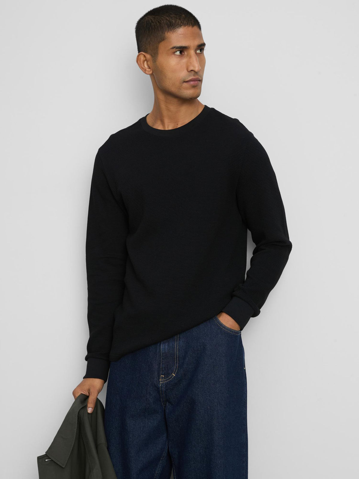 Pure Cotton Waffle Long Sleeve T-Shirt - Black