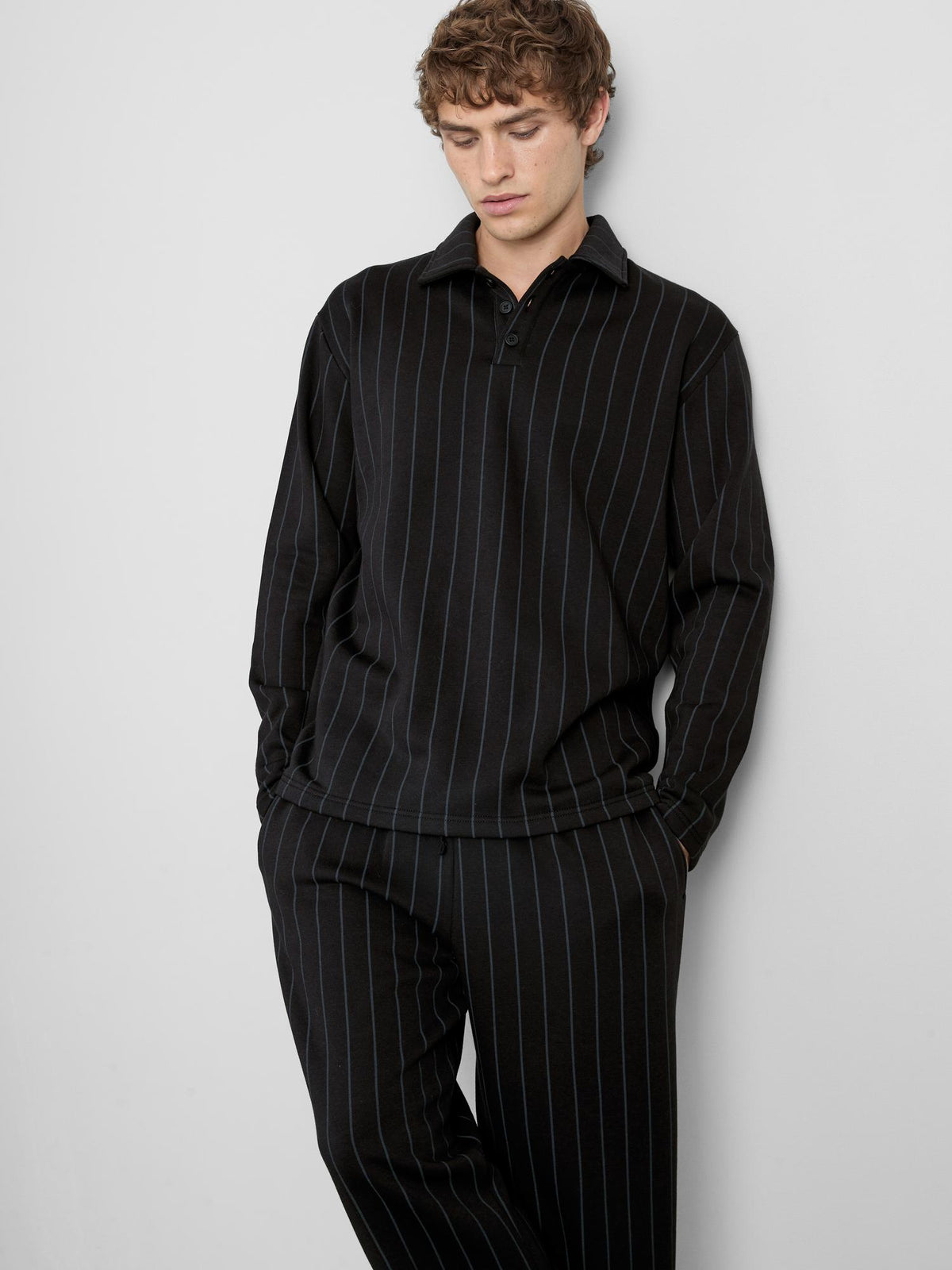 The Edit Striped Long Sleeve Pyjama Polo Top - Black