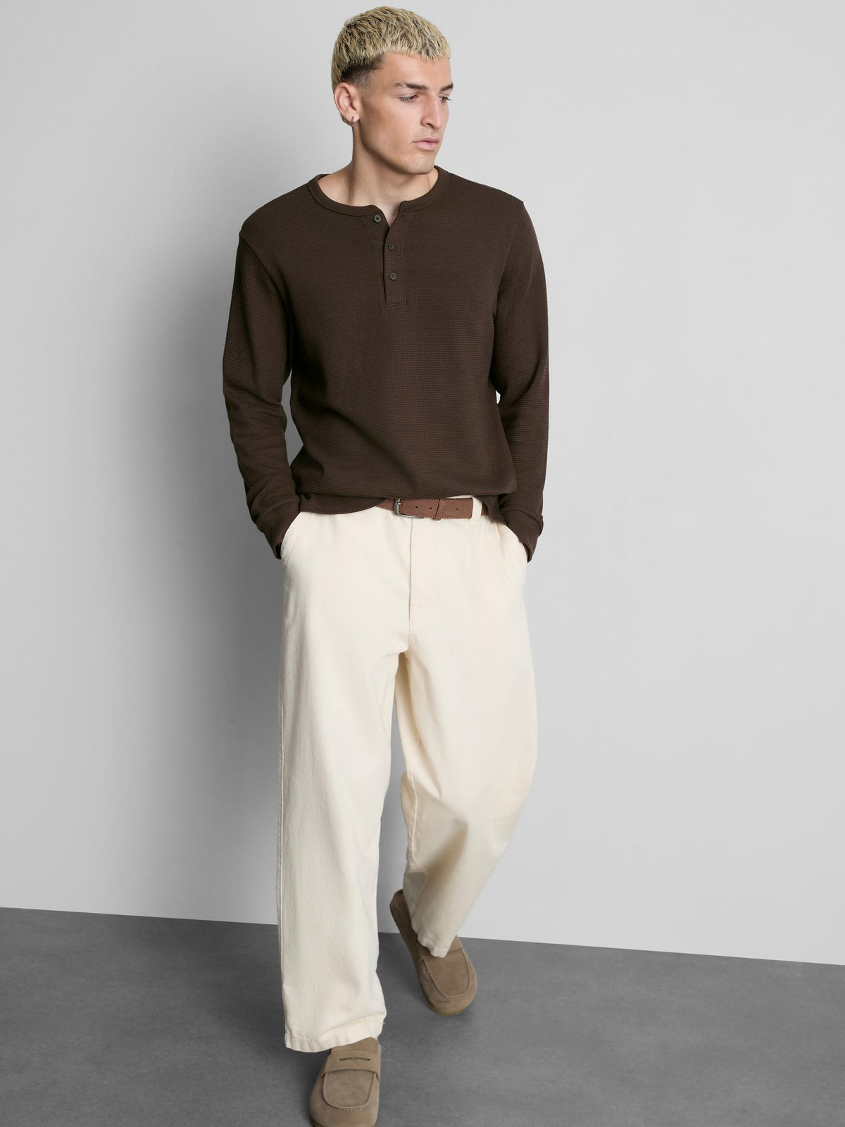 Pure Cotton Waffle Long Sleeve T-Shirt - Brown