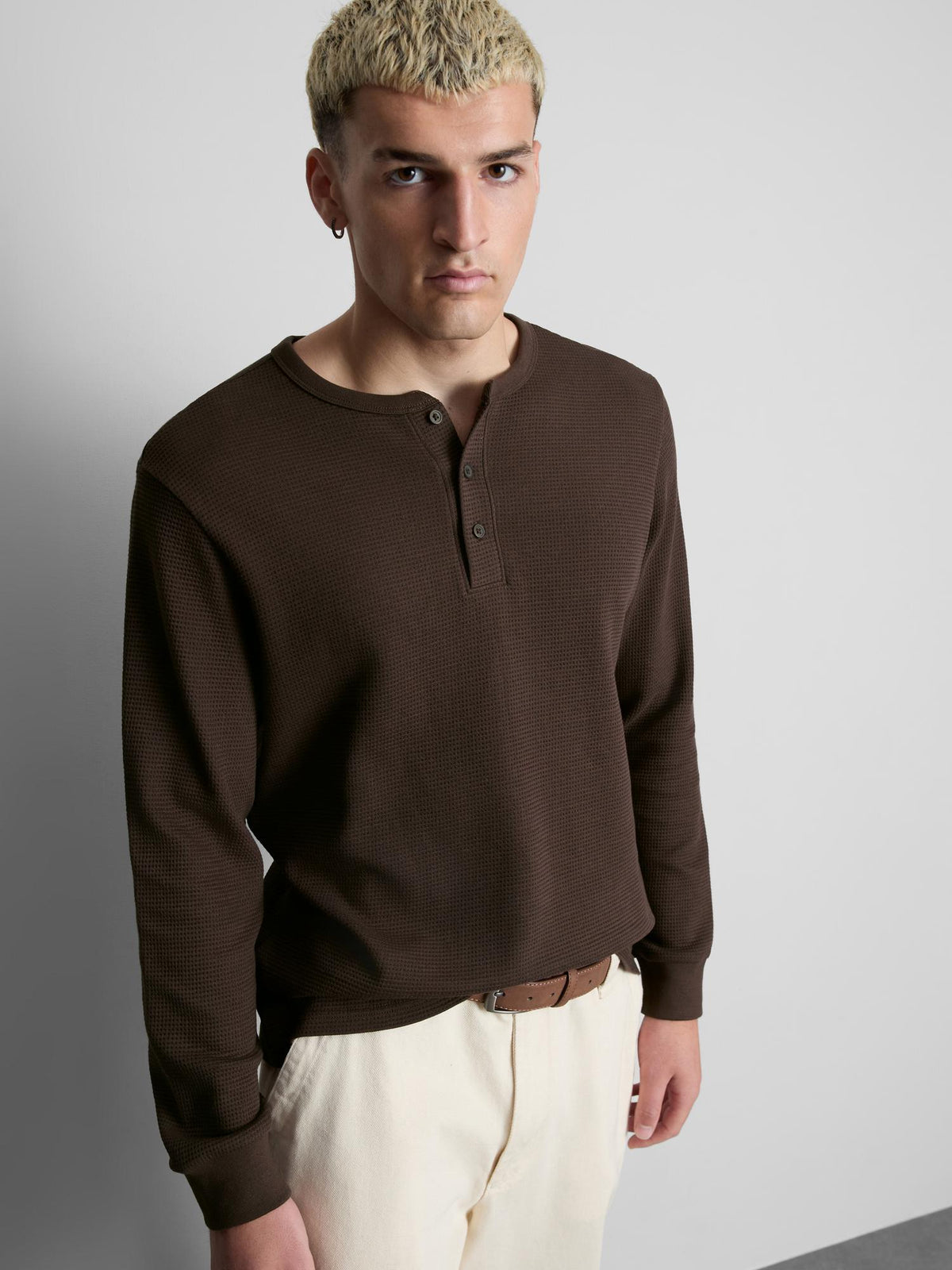 Pure Cotton Waffle Long Sleeve T-Shirt - Brown