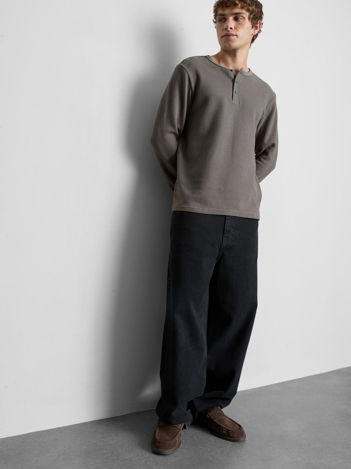Pure Cotton Waffle Long Sleeve T-Shirt - Grey