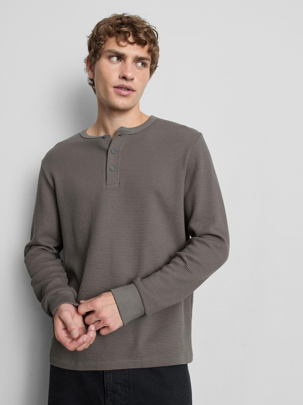 Pure Cotton Waffle Long Sleeve T-Shirt - Grey