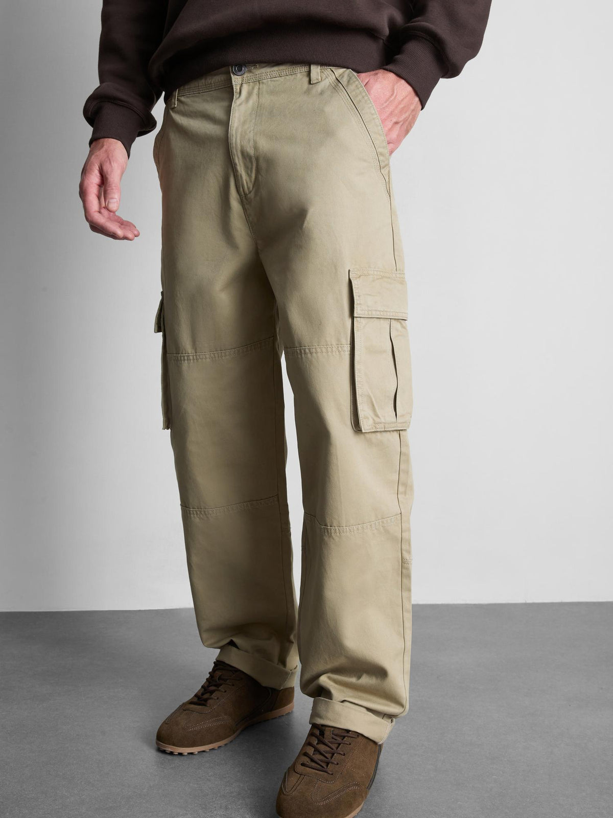 Pure Cotton Loose Fit Cargo Trousers - Stone