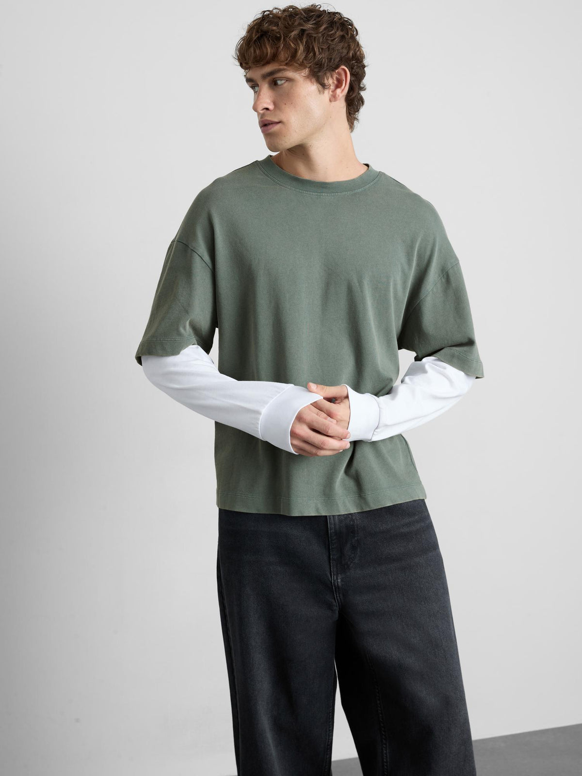 Pure Cotton Layered Long Sleeve T-Shirt - Green
