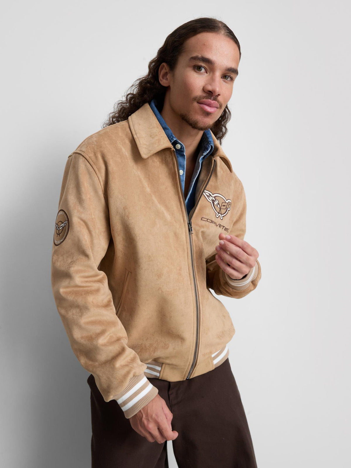 Chevrolet Corvette Faux Suede Bomber Jacket - Ecru