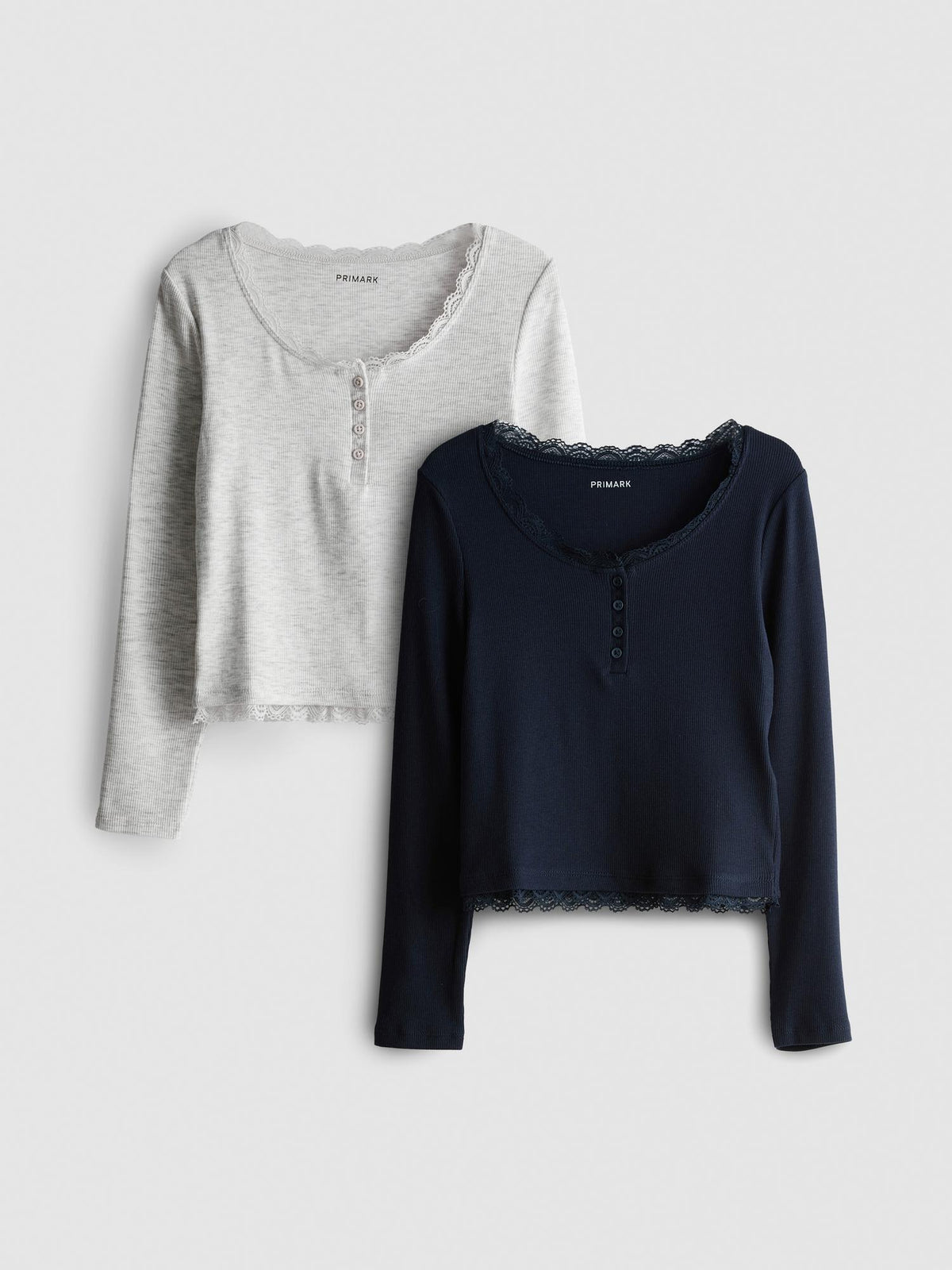 7-15yrs | 2pk Lace Trim Long Sleeve Henley Tops - Multi