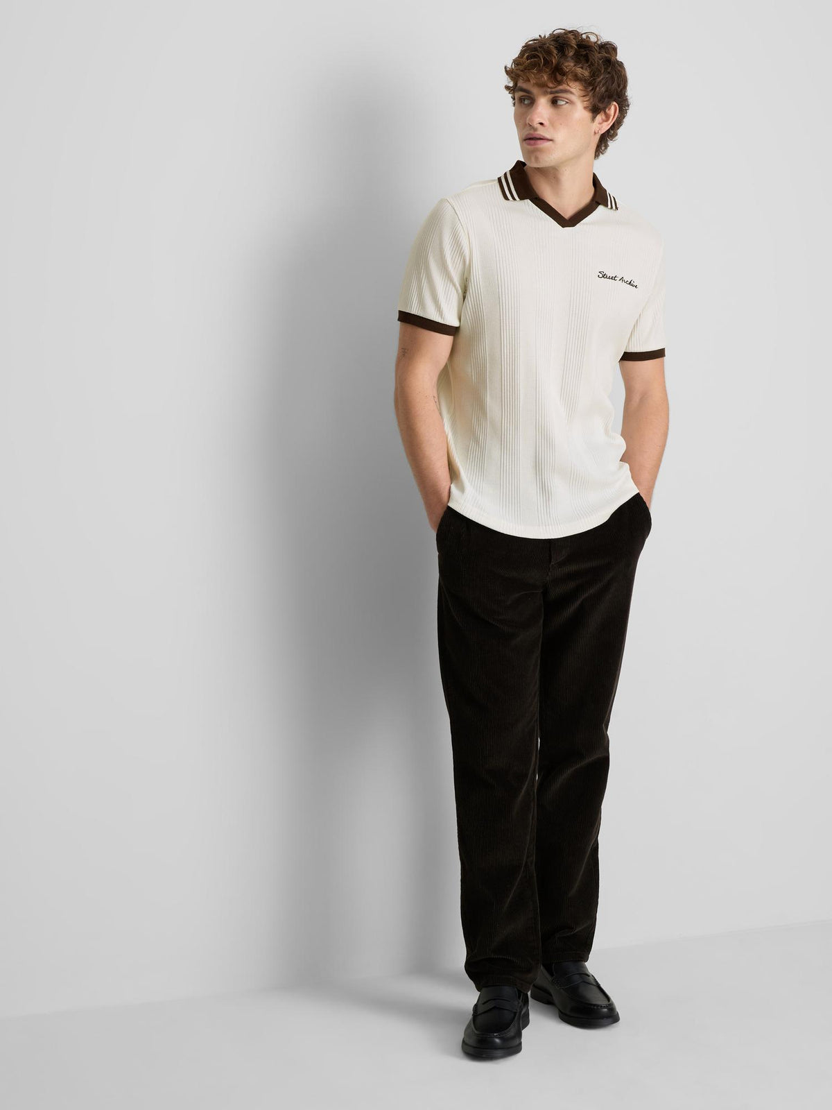 Ribbed Open Collar Polo Shirt - Ecru