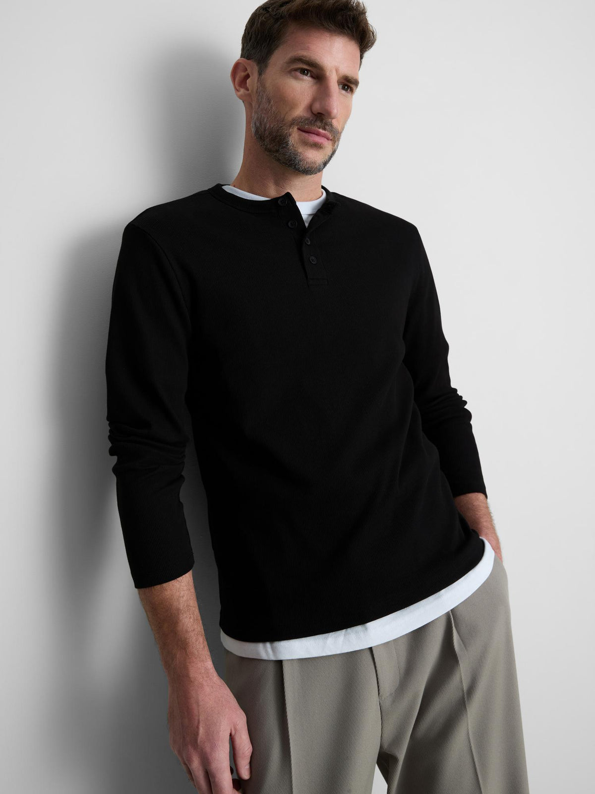 Cotton Rich Ribbed Henley Top - Black