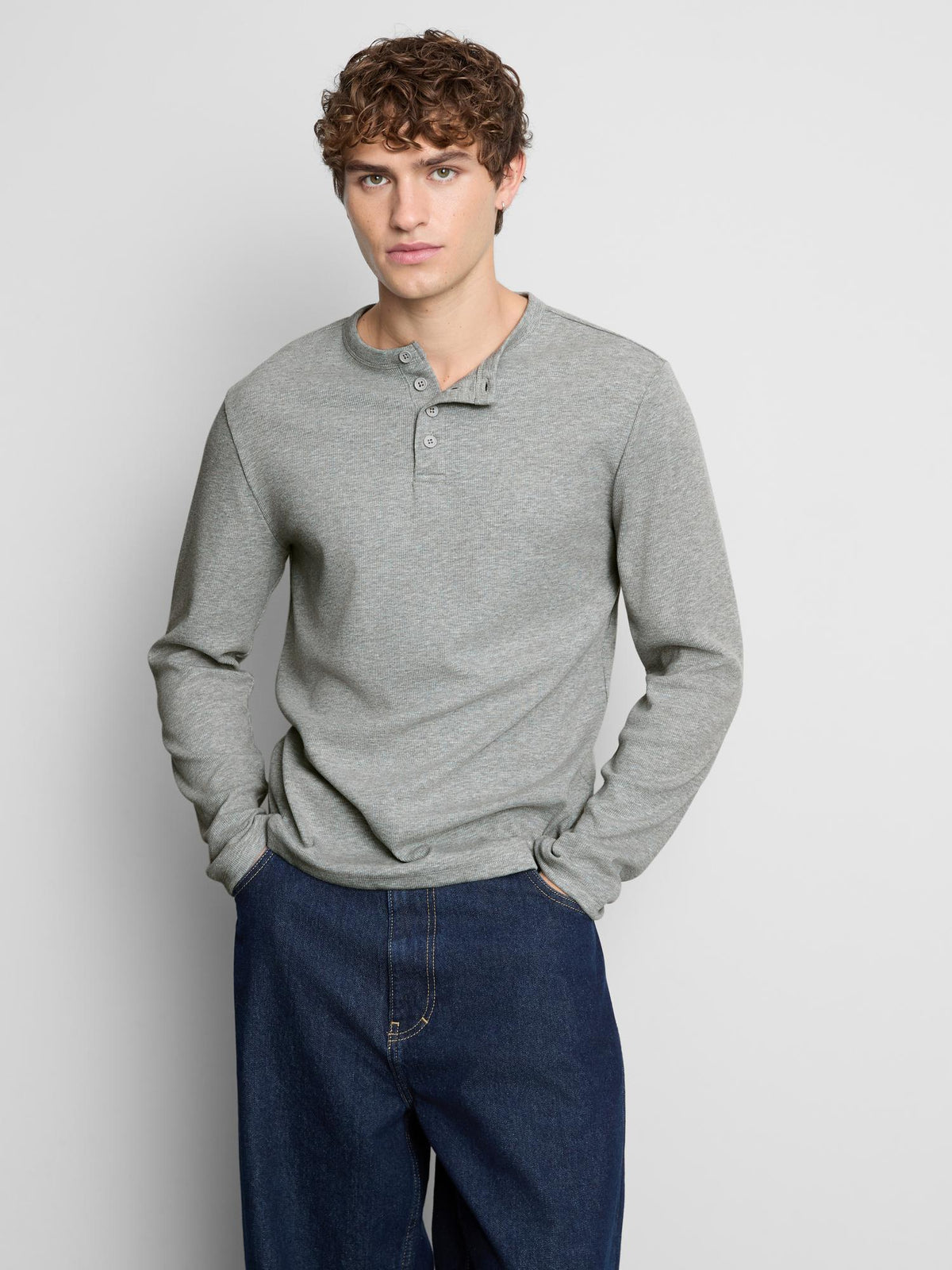 Cotton Rich Ribbed Long Sleeve Henley T-Shirt - Grey Marl