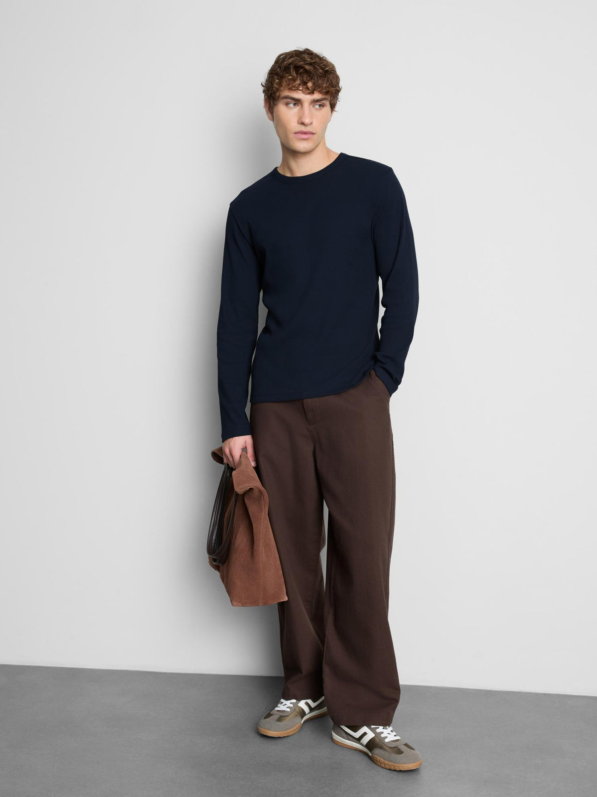Cotton Rich Ribbed Long Sleeve T-Shirt - Navy