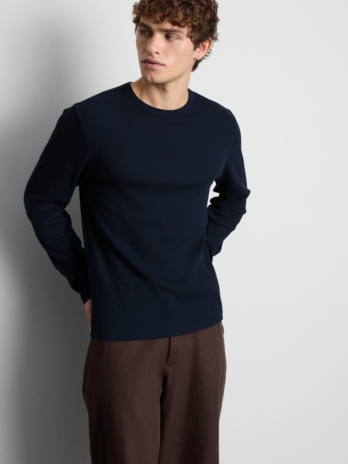 Cotton Rich Ribbed Long Sleeve T-Shirt - Navy
