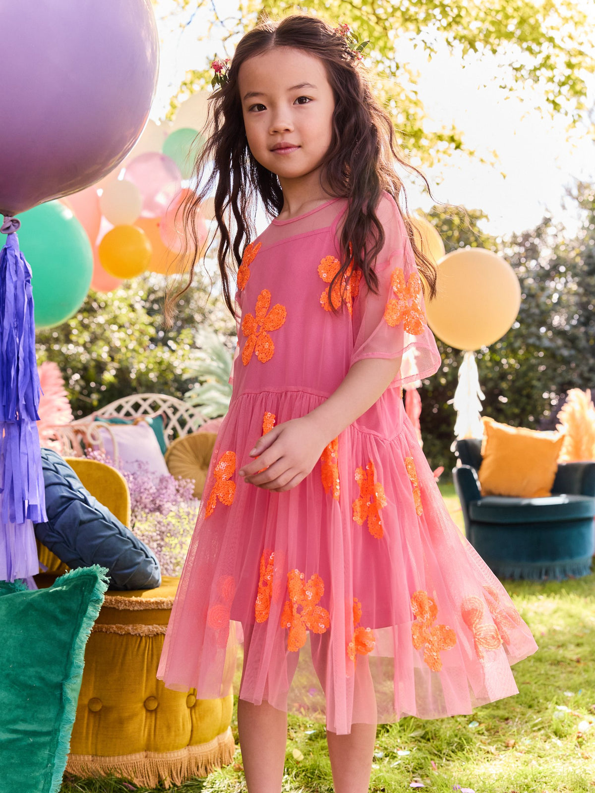 Pink/Orange Flower Sequin Mesh Party Dress (3-16yrs)