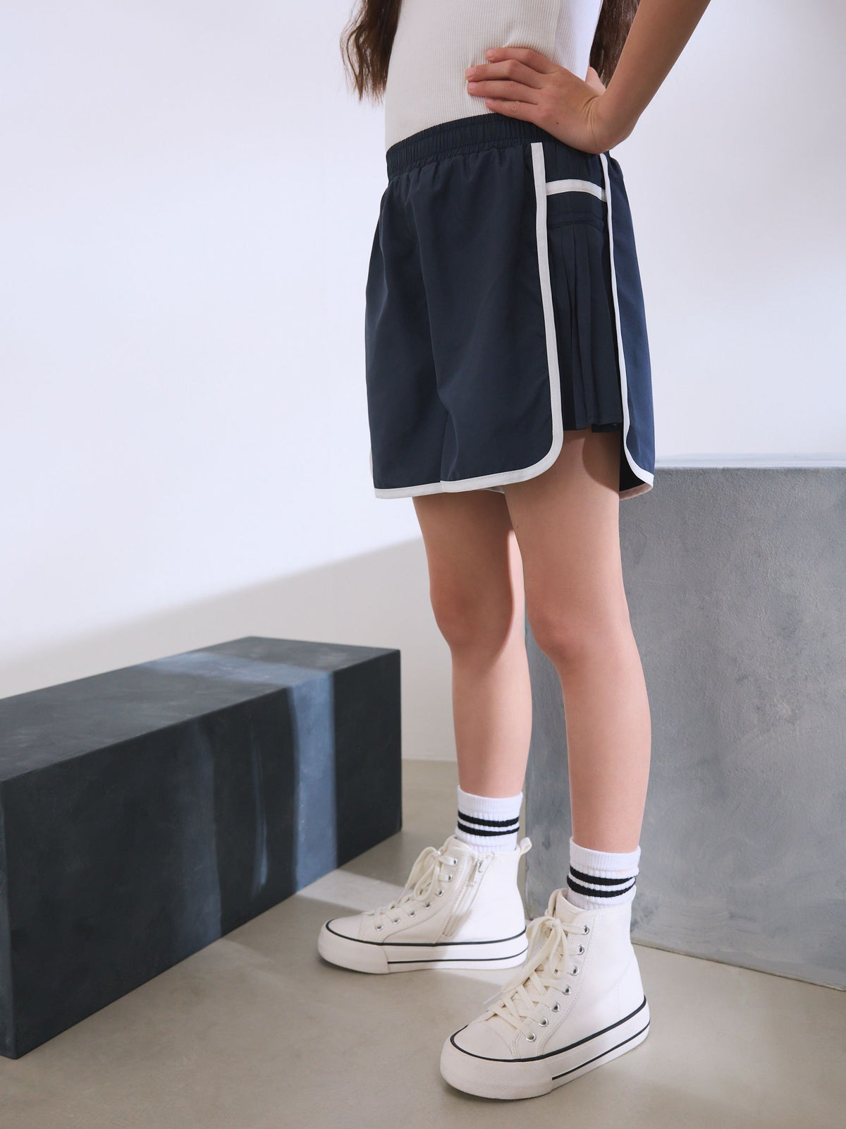 Navy Blue Sporty Pleated Shorts (3-16yrs)