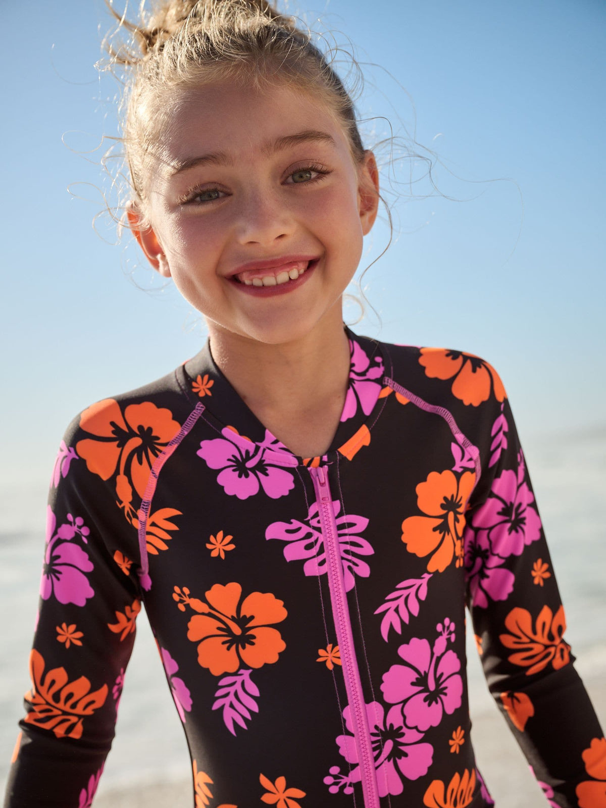 Black/Pink Tropical Long Sleeved Sunsafe Swimsuit (3-16yrs)