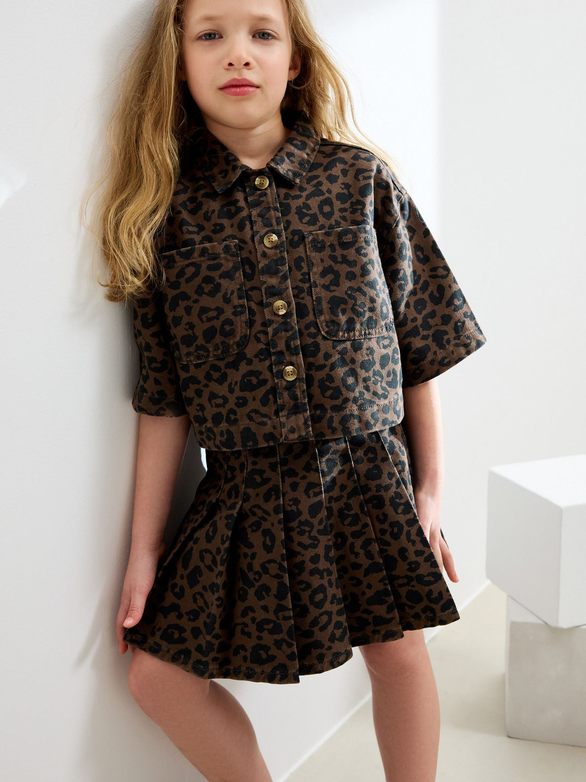 Animal Print Shirt and Pleated Skirt Set (3-16yrs)