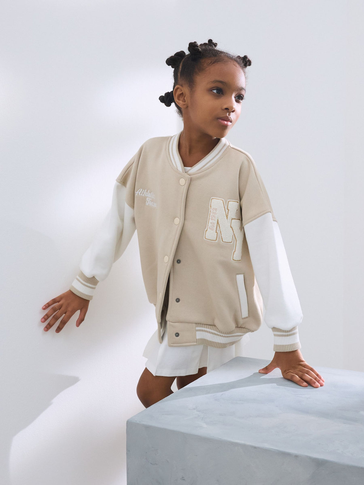 Beige Boucle Varsity Embroidered Jacket (3-16yrs)