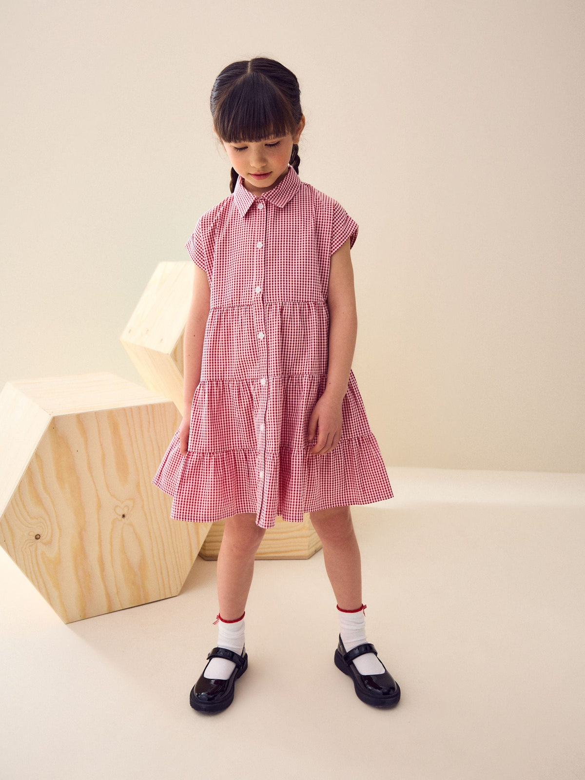Red Cotton Rich School Gingham Tiered Shirt Collar Dress (3-14yrs)