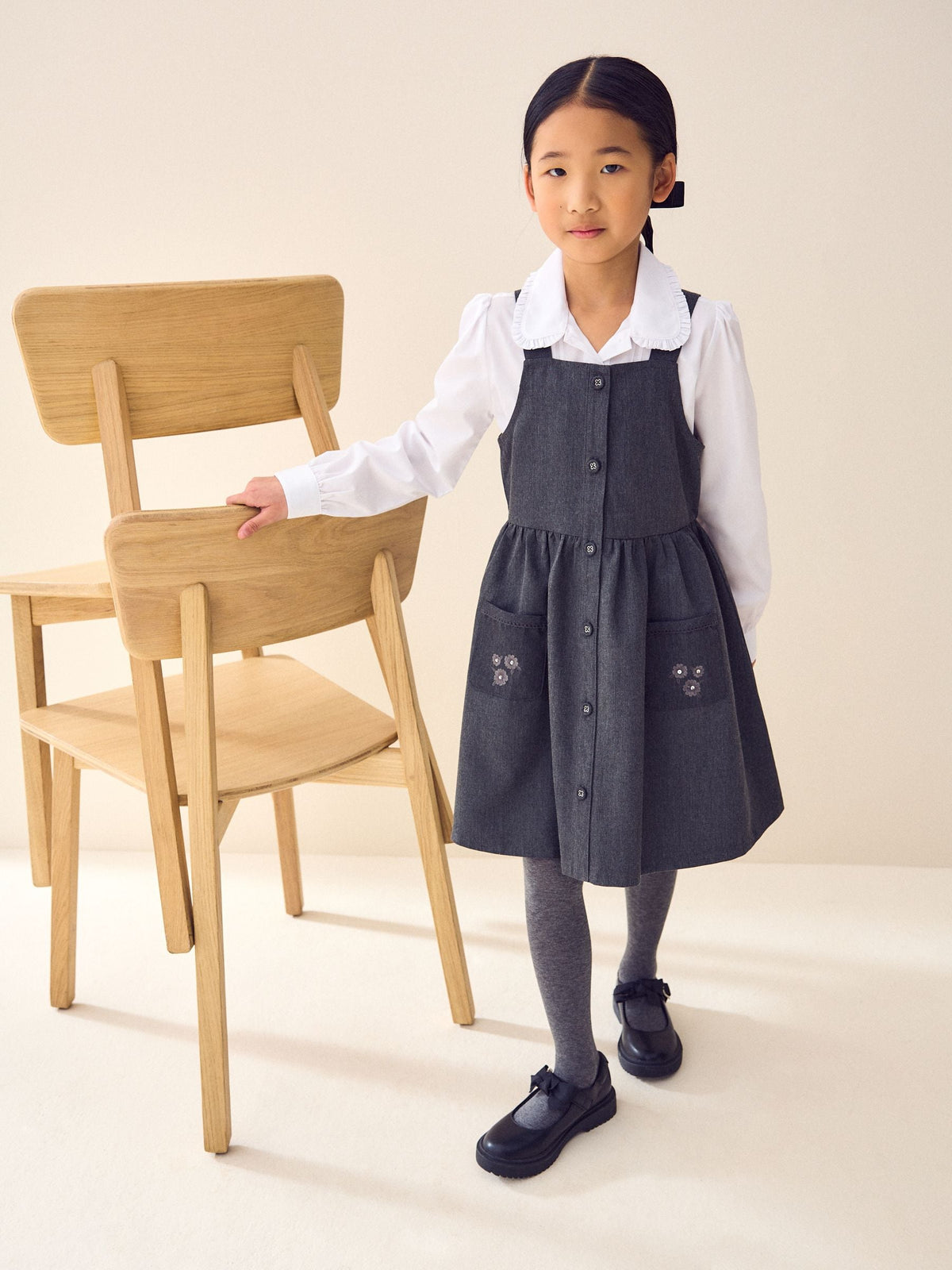 Grey Button Front Embroidered Pinafore School Dress (3-14yrs)