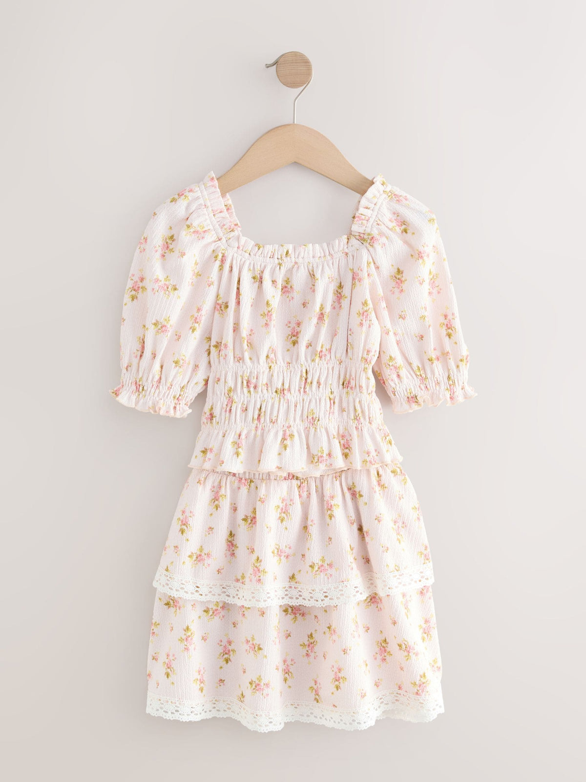 Pink Textured Floral Shirred Bardot Top & Skirt Set (3-16yrs)