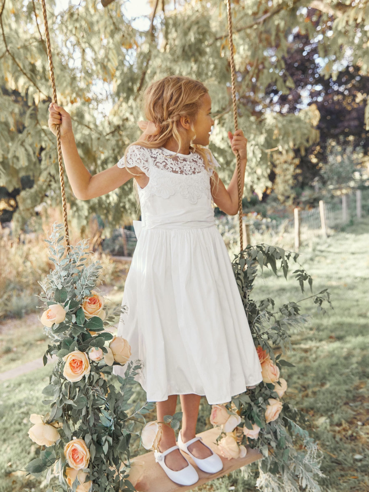 White Lace Bodice Flower Girl Bow Dress (3-16yrs)