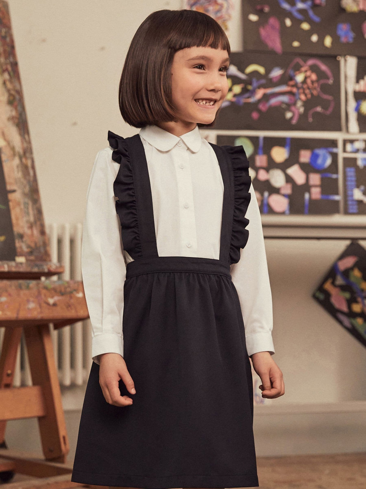 Navy Blue/White Ruffle School Pinafore And Long Sleeve Shirt Set (3-14yrs)
