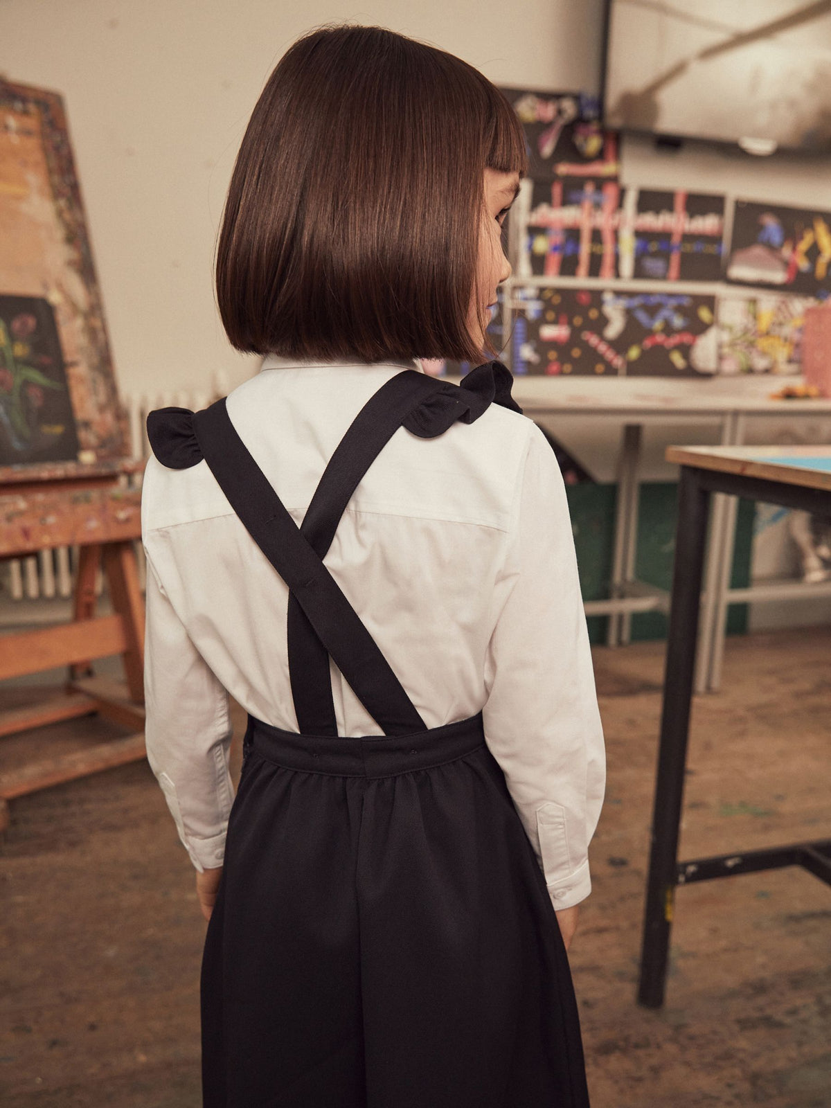 Navy Blue/White Ruffle School Pinafore And Long Sleeve Shirt Set (3-14yrs)