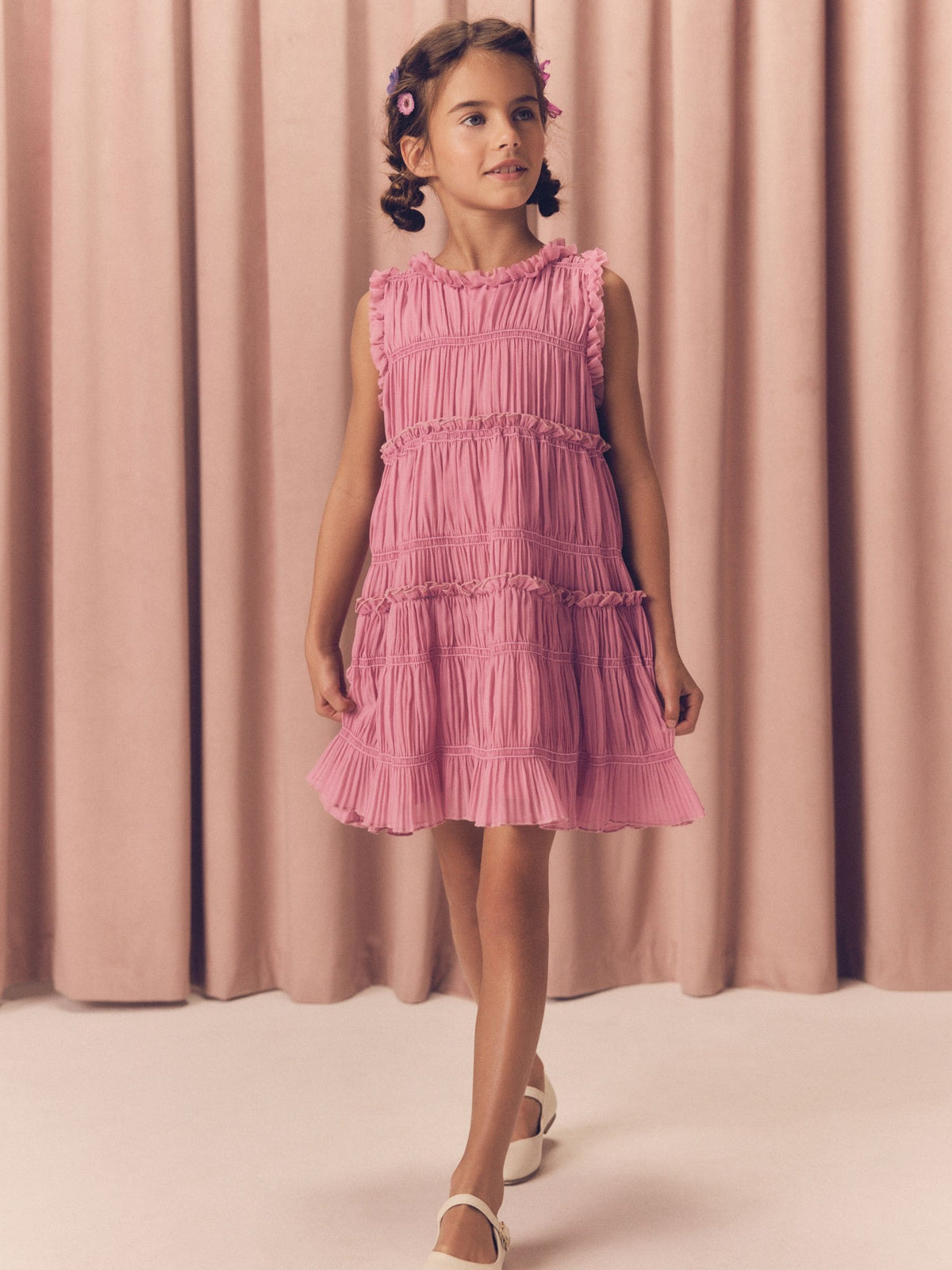 Pink Shirred Ruffle Party Dress (3-16yrs)