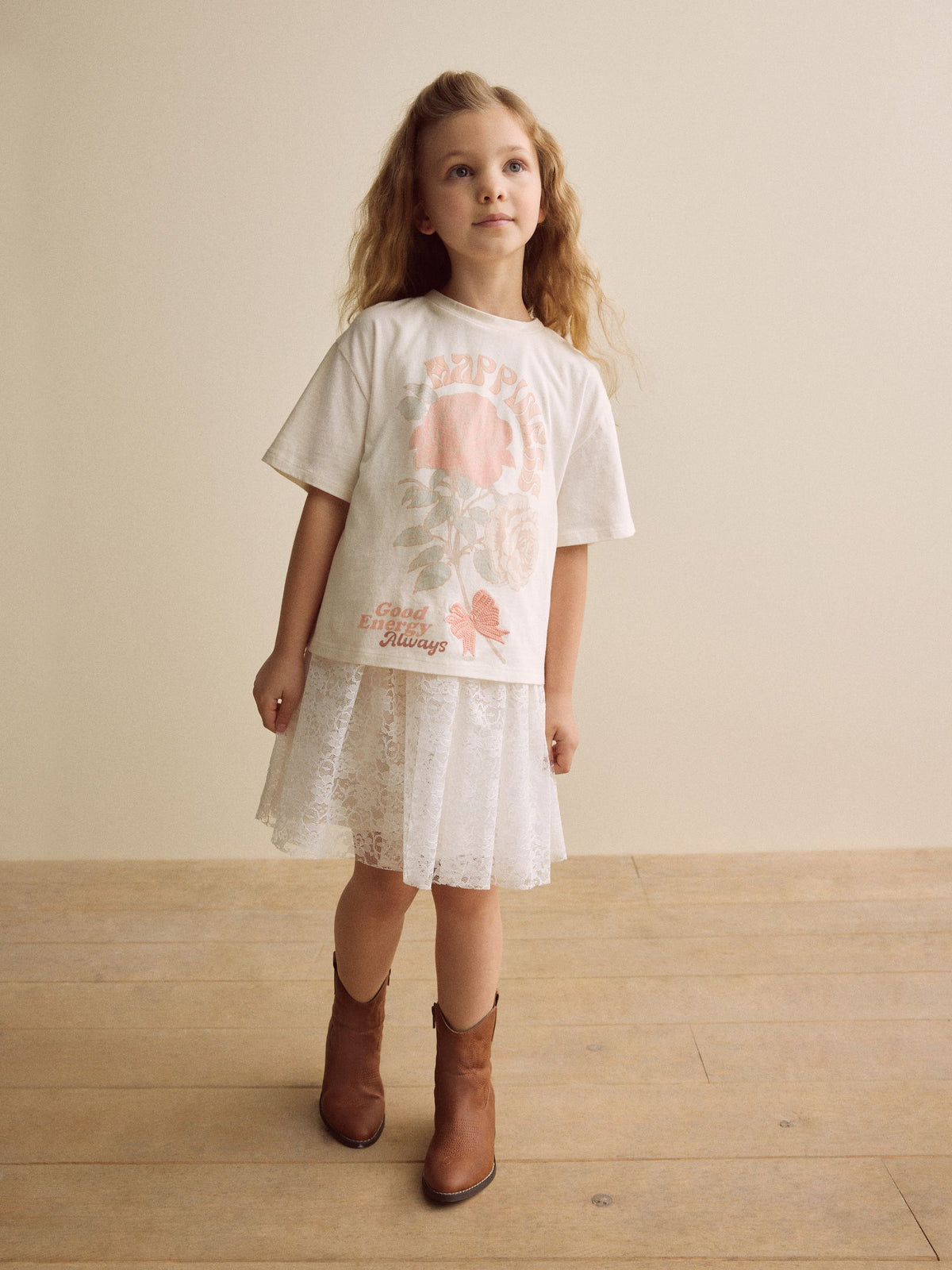 Ecru Oversized Floral Print T-Shirt with Jersey Lace Skirt Dress (3-12yrs)