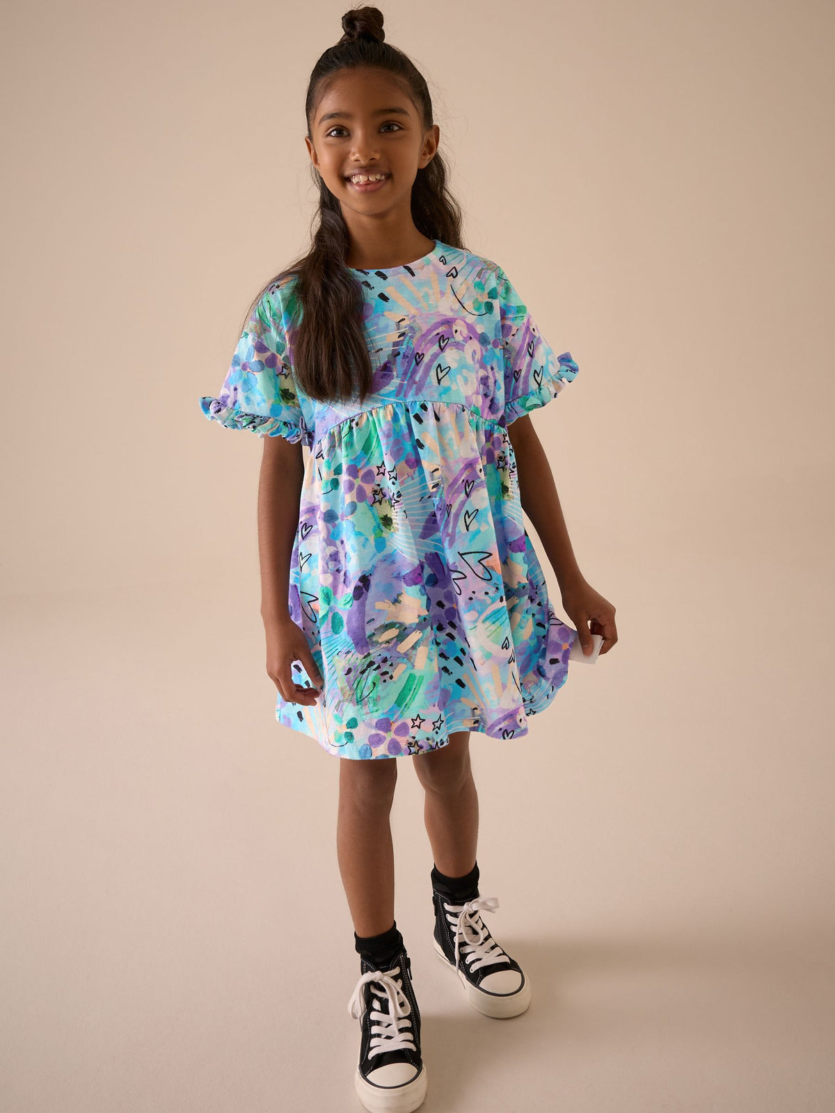 Blue Graffiti Print Short Sleeve Jersey Summer Dress (3-16yrs)