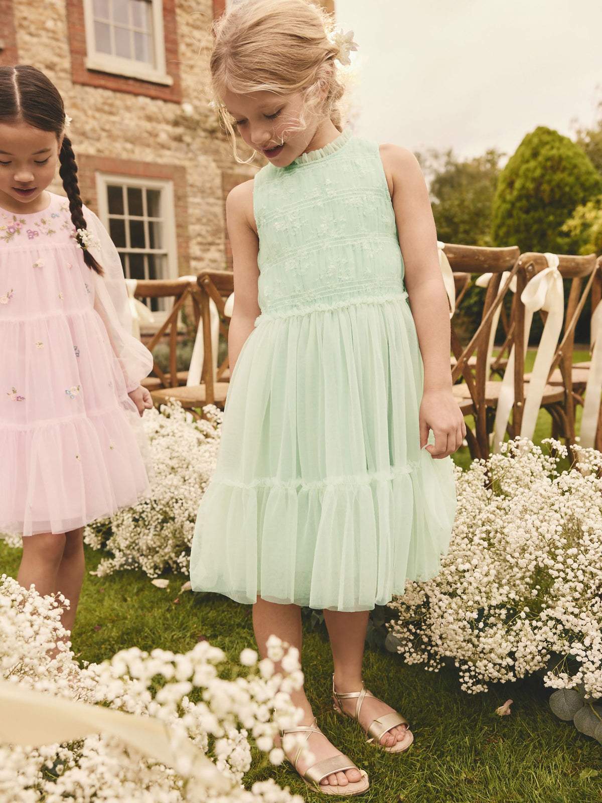 Sage Green Tiered Mesh & Lace Flower Girl Dress (3-16yrs)