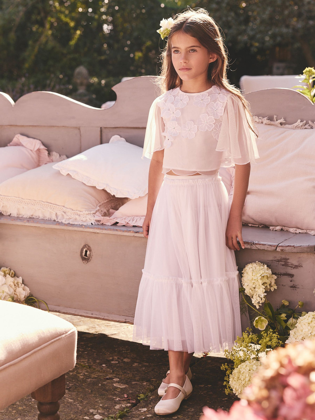 White 3D Flower Flower Girl Top and Skirt Set (3-16yrs)