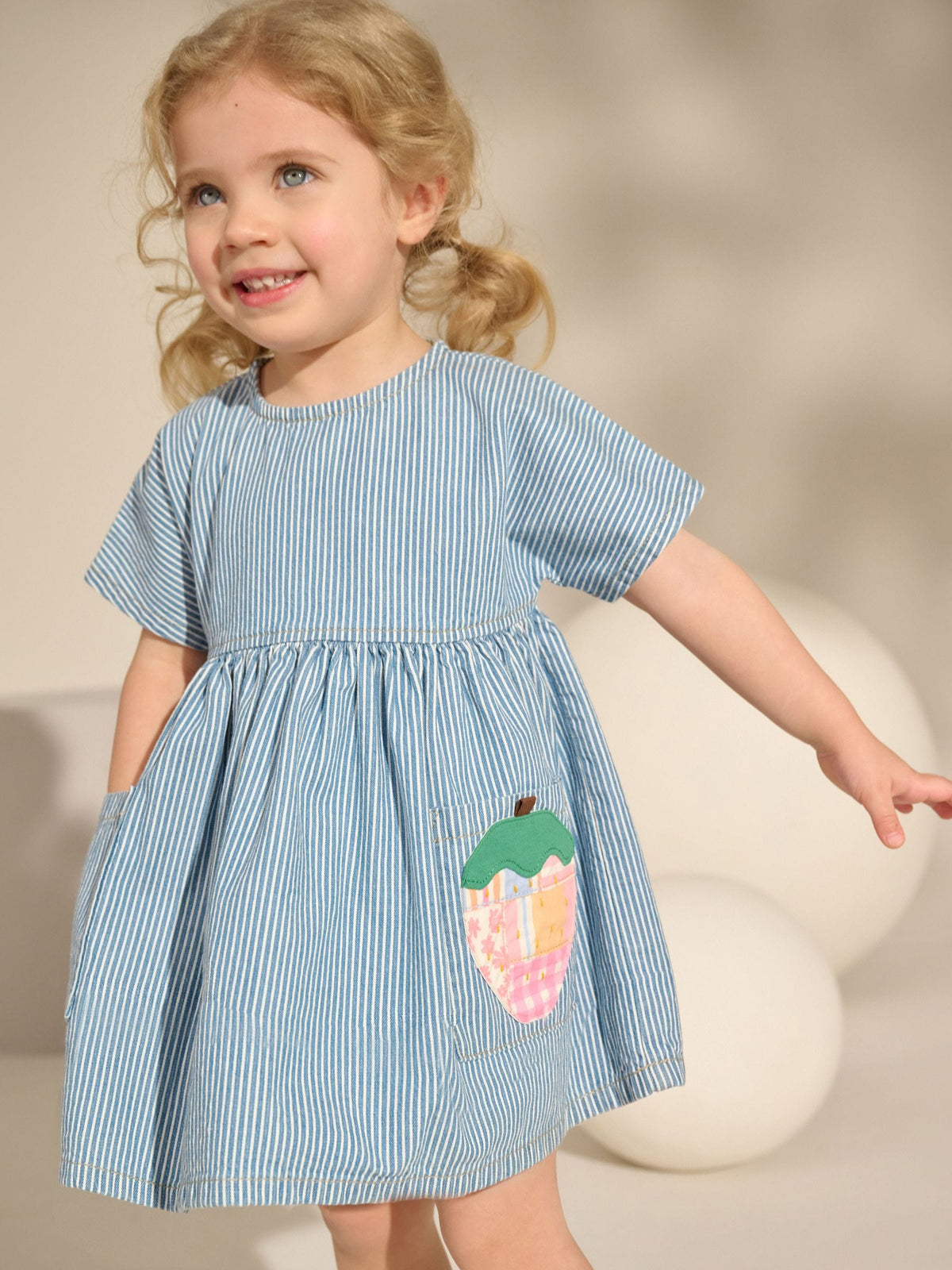 Blue/White Stripe Denim Strawberry Pocket Summer Dress (3mths-8yrs)